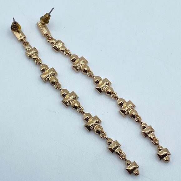 Long Gold Tone Faceted Rhinestone Dangle Drop Earrings Wedding Bridal Preppy - Picture 4 of 5